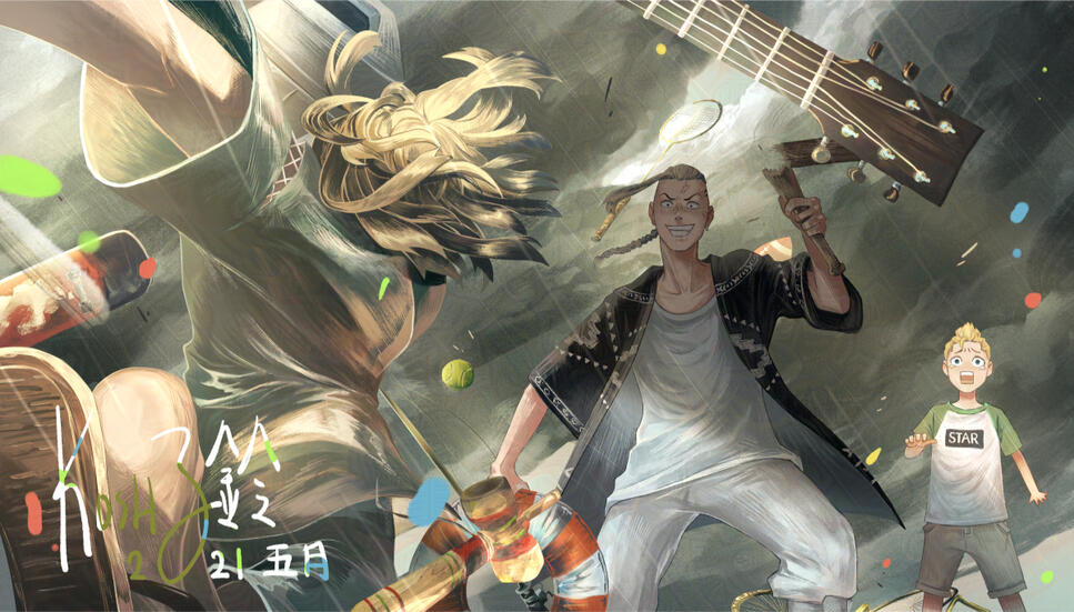 颱風 Fan illustration of Mikey, Draken, and Takemichi from Tokyo Revengers. Under the rain and sunshine, Mikey and Draken, in an argument, destroys all of Takemichi's belongings. Takemichi cries in despair.