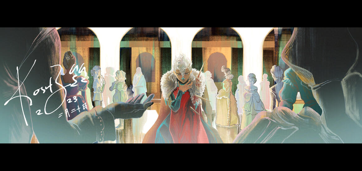 Fan illustration of Nozel from Black Clover. Nozel, in the royal knight's uniform, is hunched over with injuries he sustained from Kvin's needles. Surrounded by Clover's aristocrats, his hand hovers above his neck.