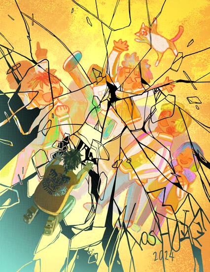 Fan illustration of Togame and the Shishitoren team from Nii Satoru's Wind Breaker. Togame is depicted kneeling over a broken surface containing the past happy and fun days, trying to piece it back together again.