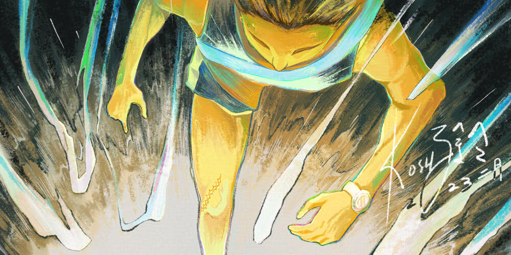 Fan illustration of Haiji from Run with the Wind. Haiji runs as comet-like lights flies with him.